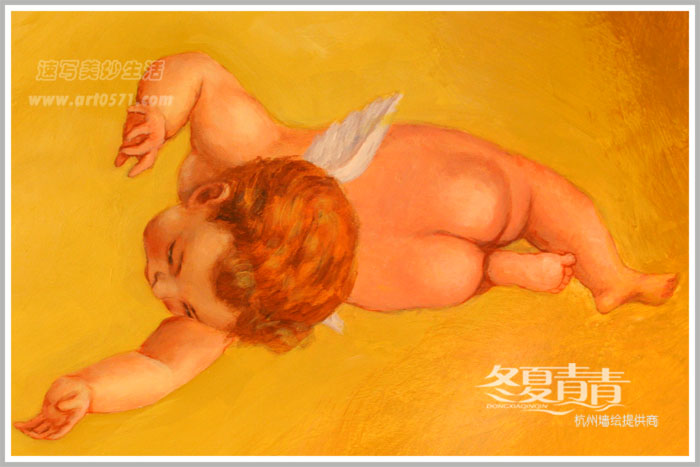 杭州墙绘 冬夏青青墙绘 油画小天使墙绘 小天使天顶画