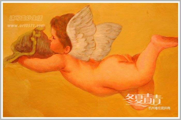 杭州墙绘 冬夏青青墙绘 油画小天使墙绘 小天使天顶画