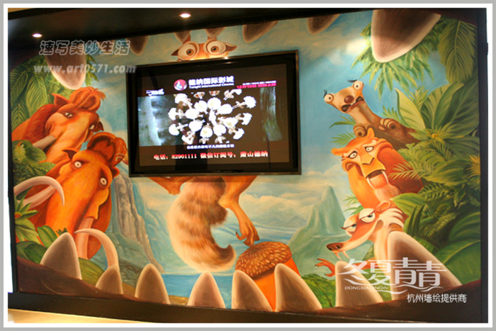 萧山德纳影城墙绘，杭州冬夏青青墙绘，电影院卡通墙绘