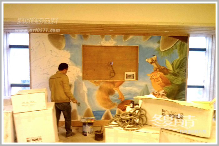 萧山德纳国际影城墙绘，杭州冬夏青青墙绘，墙绘绘制过程